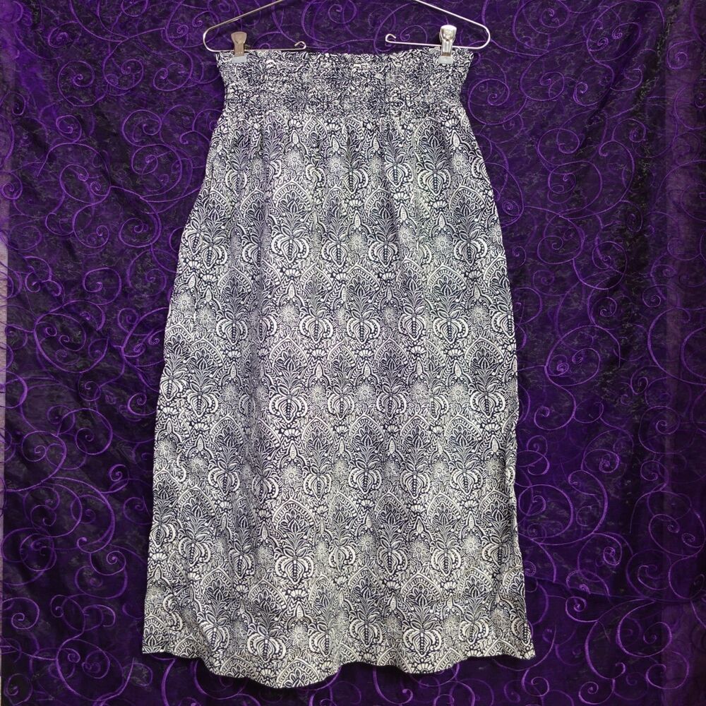 Rachel Zoe Womens Sz Medium 100% Linen Midi Skirt Blue White Small Floral Print